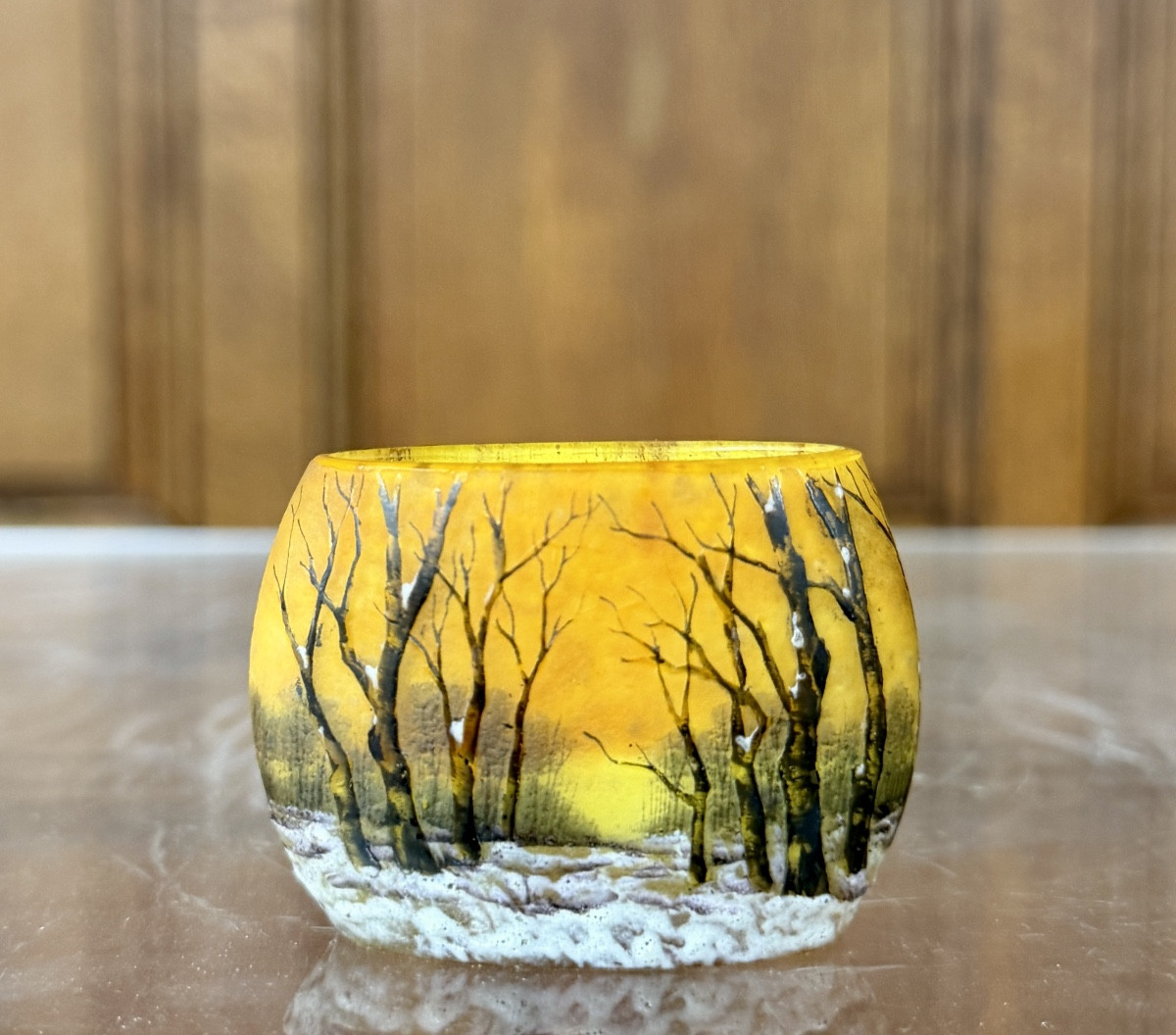 Daum Nancy - Oblong Miniature Vase Decorated With A Forest In The Snow. Landscape Art Nouveau Period-photo-4