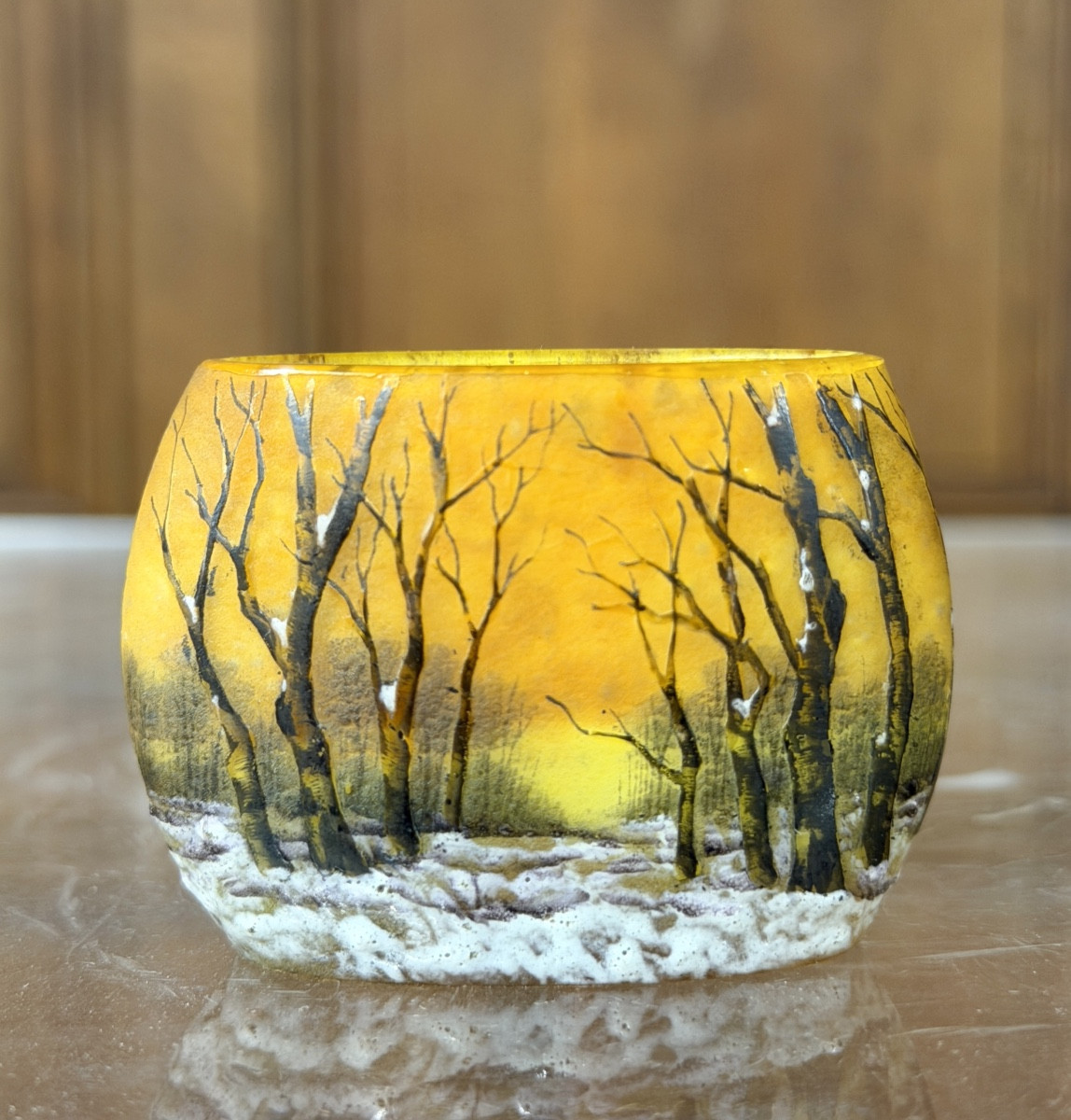 Daum Nancy - Oblong Miniature Vase Decorated With A Forest In The Snow. Landscape Art Nouveau Period