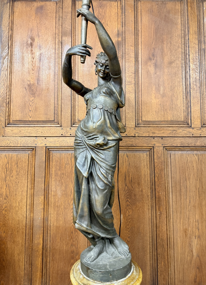 Statue de femme orientale en fonte de fer, torchère d’époque Napoléon III-photo-2