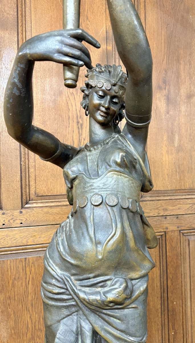 Statue de femme orientale en fonte de fer, torchère d’époque Napoléon III-photo-4