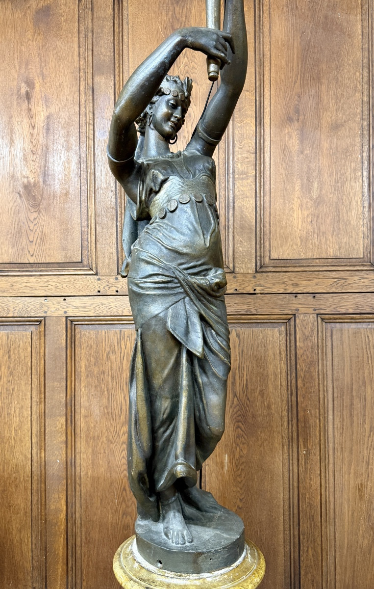 Statue de femme orientale en fonte de fer, torchère d’époque Napoléon III-photo-4