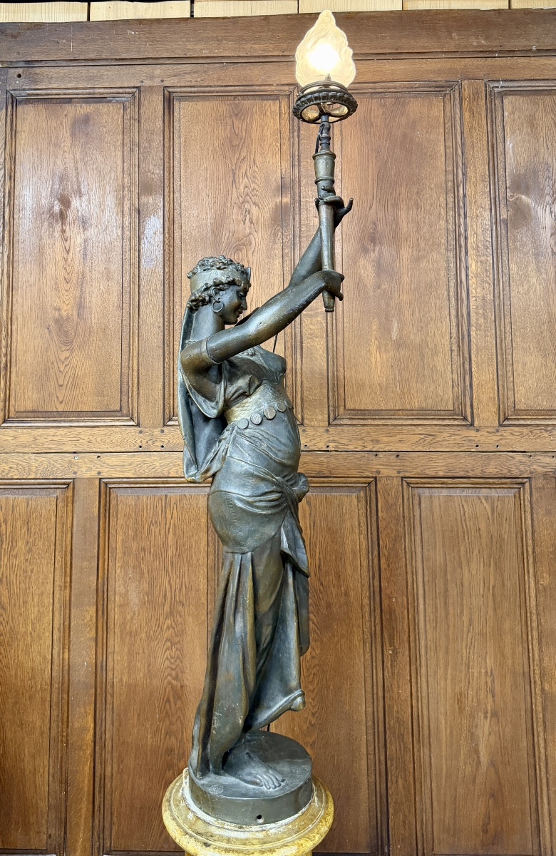 Statue de femme orientale en fonte de fer, torchère d’époque Napoléon III-photo-6