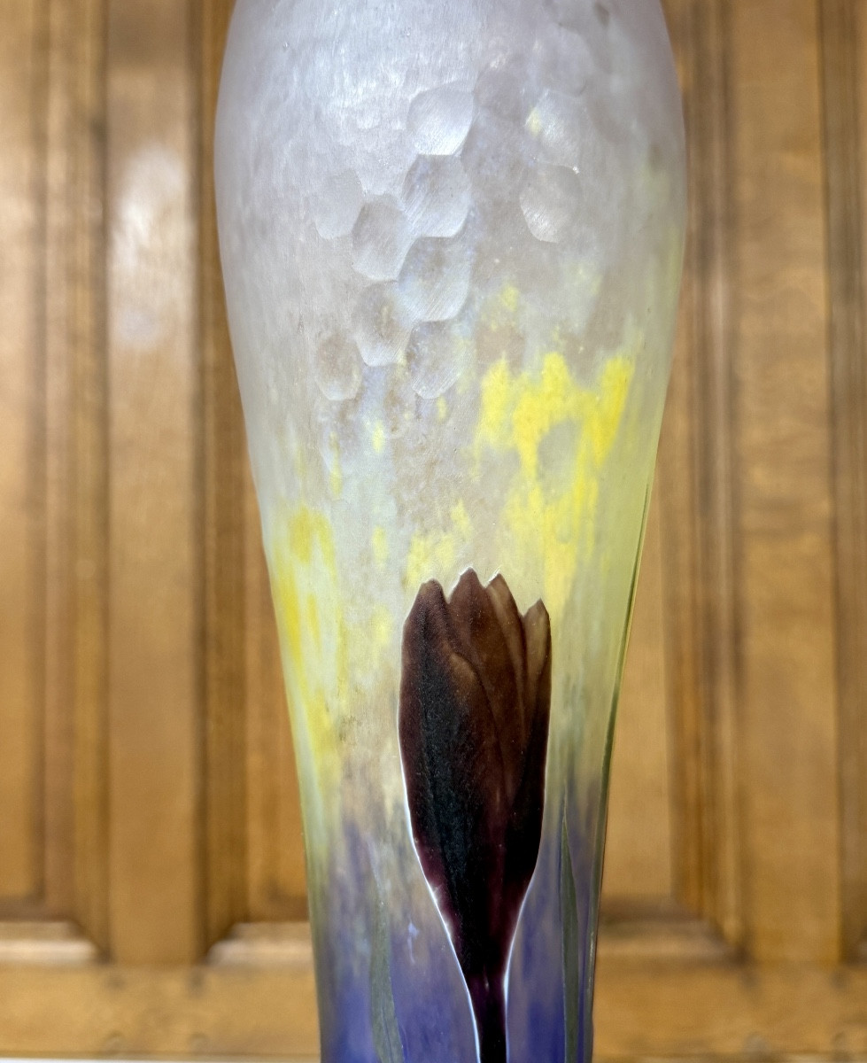 Daum Nancy - Rare vase martelé aux crocus avec fleurs en plaquette. Époque Art Nouveau  -photo-4
