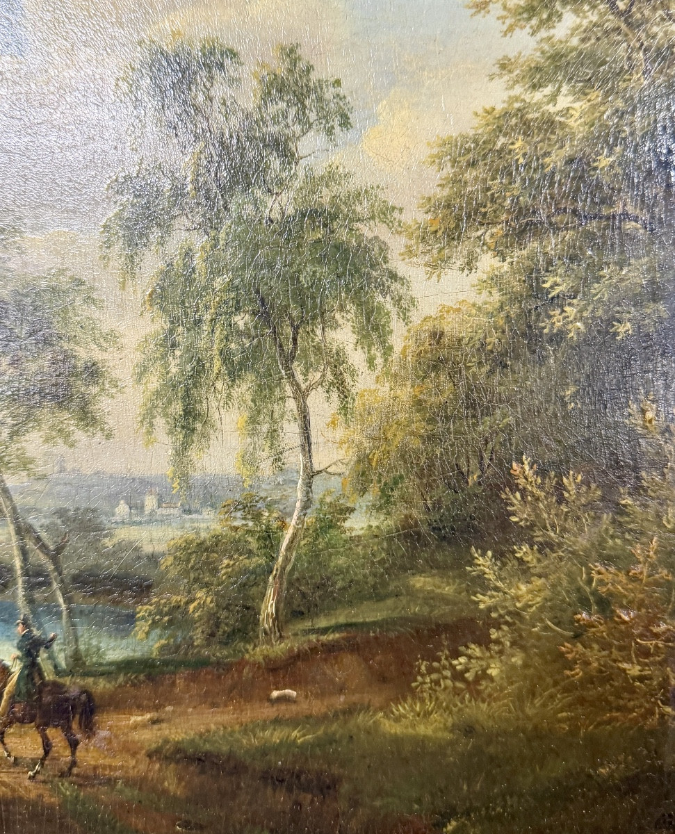 Lazare Bruandet (1755-1804) - Riders In The Forest. Oil On Panel 19th Century-photo-1