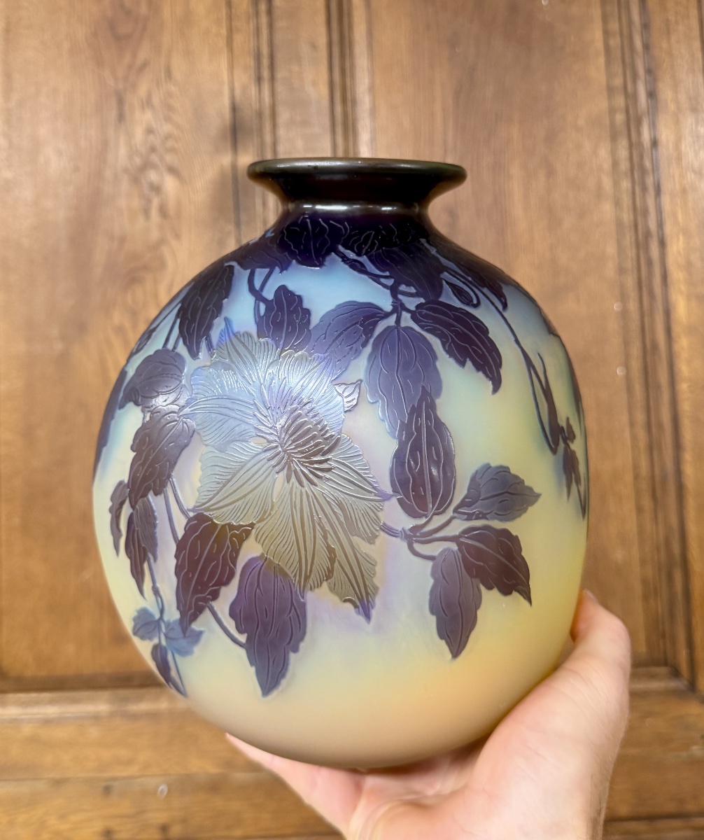 émile Gallé - Large Spherical Vase With Clematis Decoration, Art Nouveau Period-photo-4