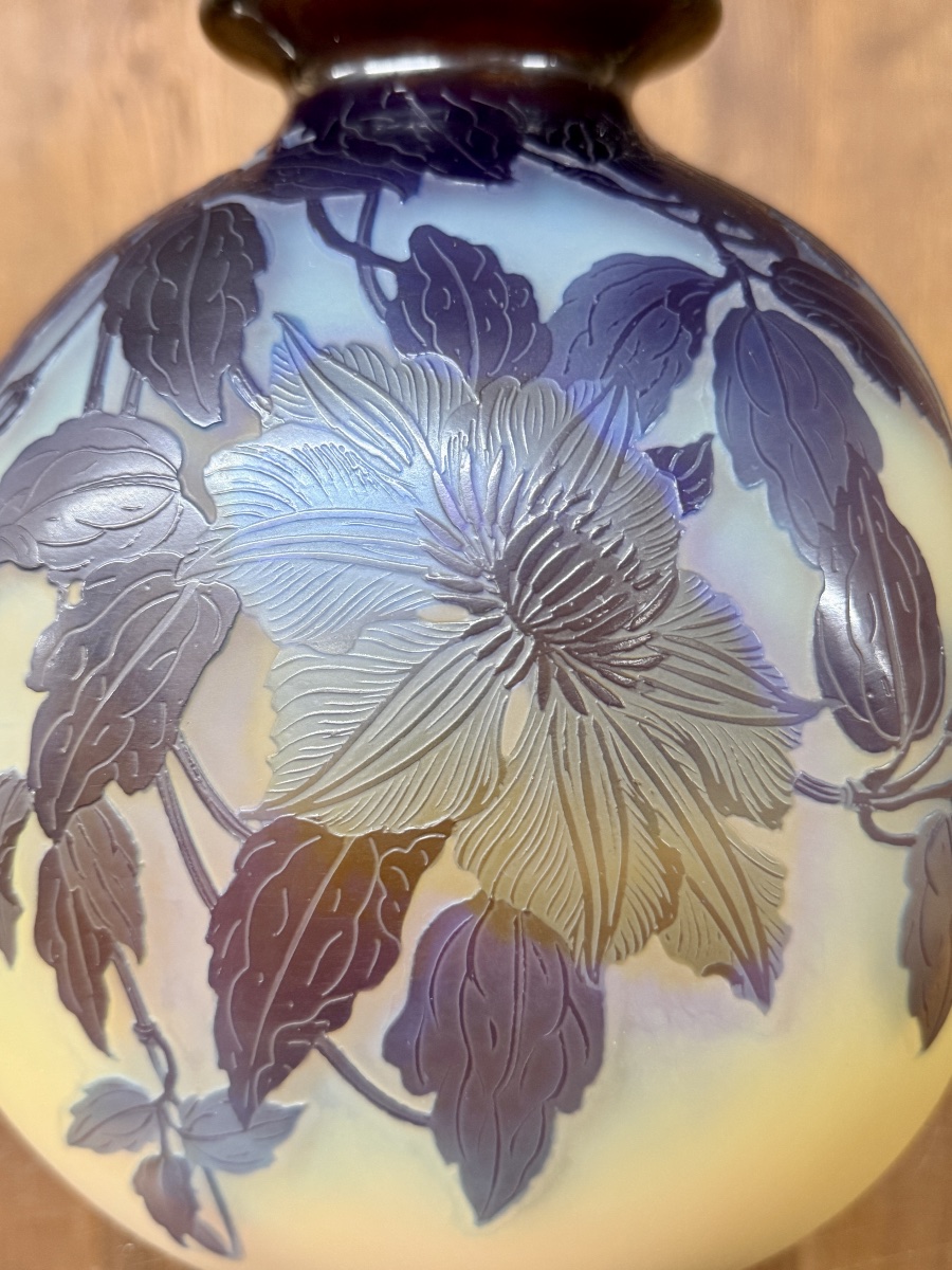 émile Gallé - Large Spherical Vase With Clematis Decoration, Art Nouveau Period-photo-7