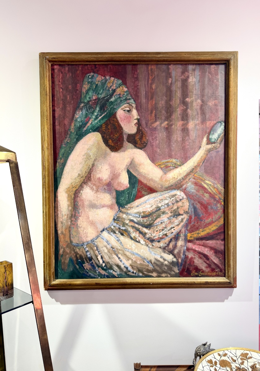 émile Gaudissard - Woman With Mirror, Oil On Panel, Art Deco Period-photo-2