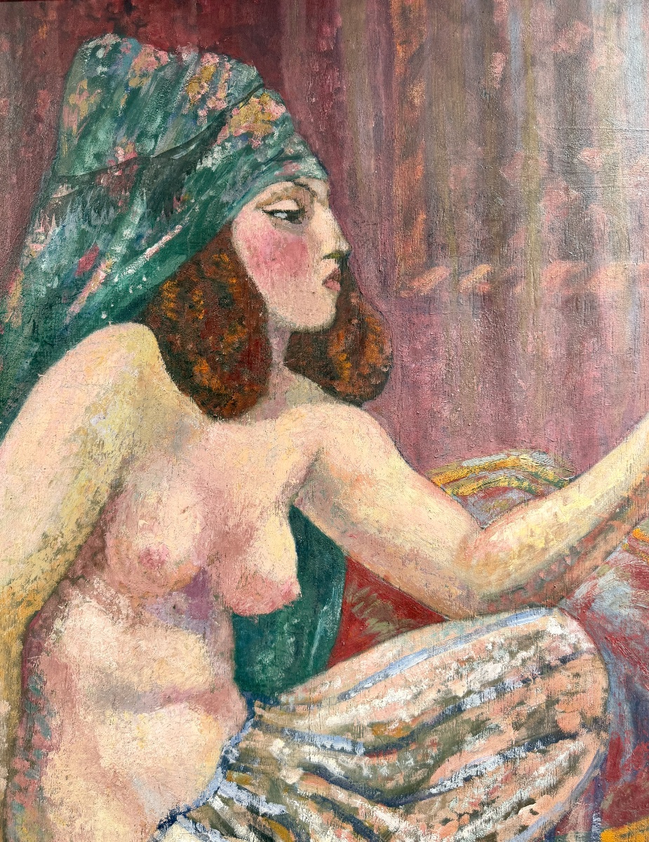 émile Gaudissard - Woman With Mirror, Oil On Panel, Art Deco Period-photo-3