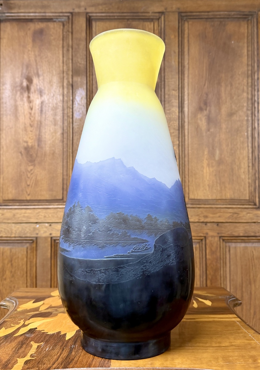 émile Gallé - Large Vase Decorated With Vosges Landscapes. Art Nouveau Period-photo-3