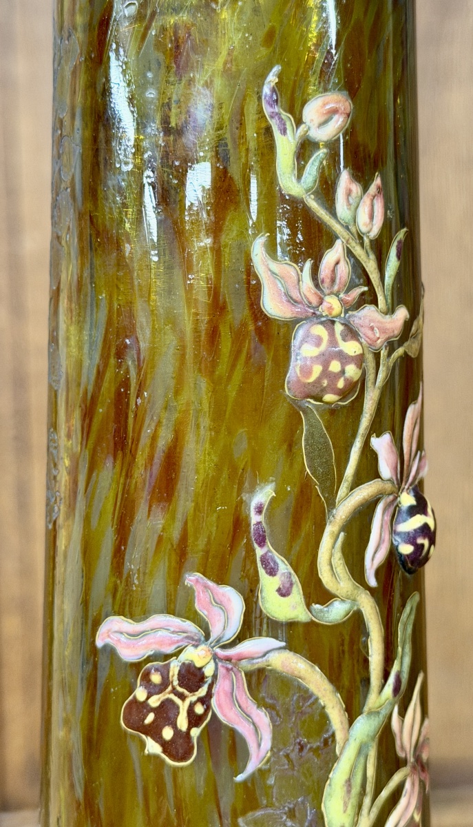 Cristallerie émile Gallé - Vase With Enameled Glass Cabochons Decorated With Orchids. Art Nouveau-photo-2