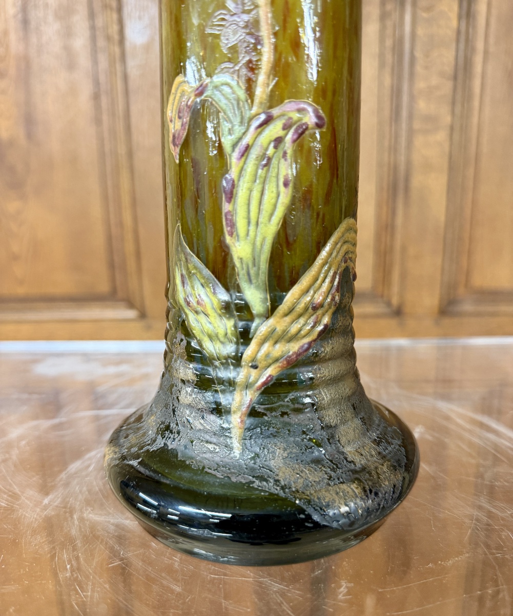 Cristallerie émile Gallé - Vase With Enameled Glass Cabochons Decorated With Orchids. Art Nouveau-photo-3