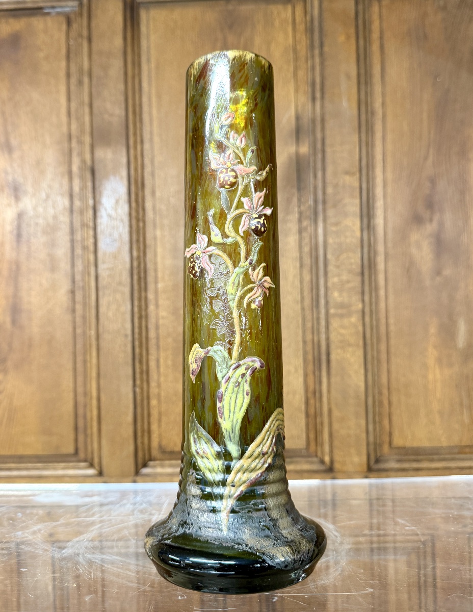 Cristallerie émile Gallé - Vase With Enameled Glass Cabochons Decorated With Orchids. Art Nouveau-photo-2
