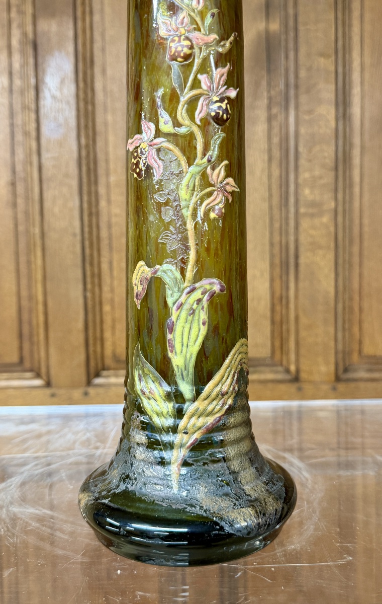 Cristallerie émile Gallé - Vase With Enameled Glass Cabochons Decorated With Orchids. Art Nouveau-photo-3