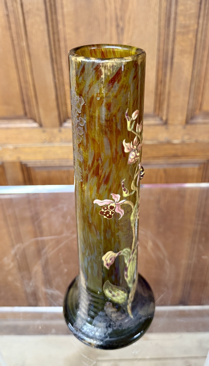 Cristallerie émile Gallé - Vase With Enameled Glass Cabochons Decorated With Orchids. Art Nouveau-photo-6