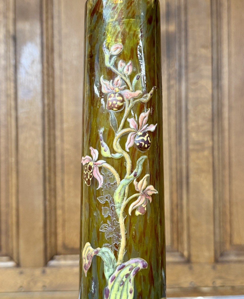 Cristallerie émile Gallé - Vase With Enameled Glass Cabochons Decorated With Orchids. Art Nouveau-photo-8