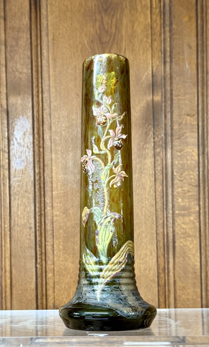 Cristallerie émile Gallé - Vase With Enameled Glass Cabochons Decorated With Orchids. Art Nouveau