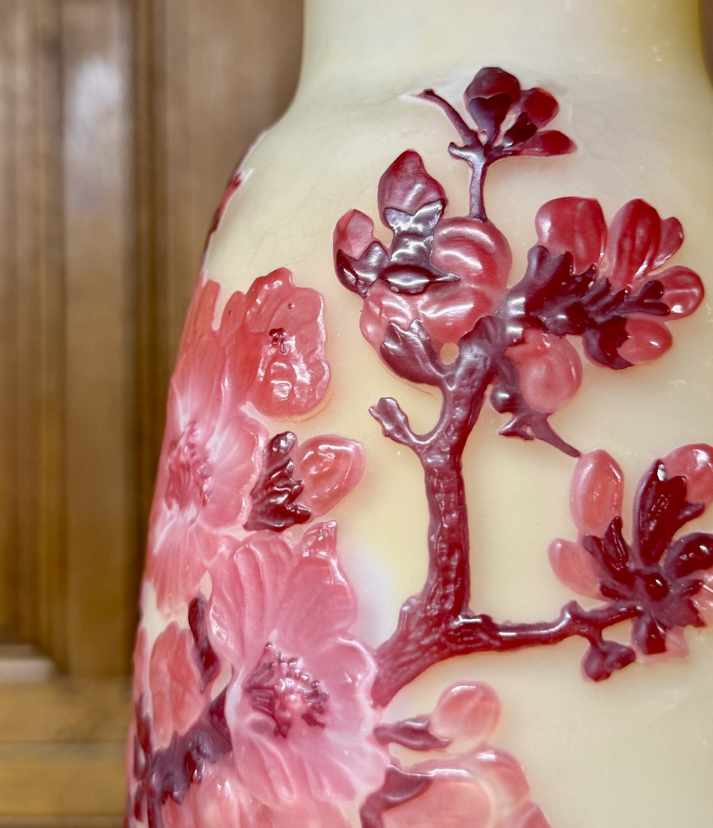 Émile Gallé - Rare vase soufflé moulé à décor de fleurs de pommiers. Époque Art Nouveau-photo-1