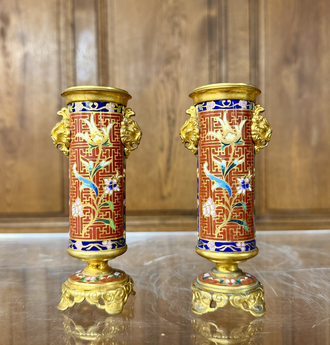 Pair Of Japanese-style Cloisonné Candlesticks Or Torches Attributed To Barbedienne. Napoleon III-photo-2