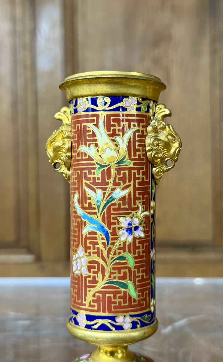 Pair Of Japanese-style Cloisonné Candlesticks Or Torches Attributed To Barbedienne. Napoleon III-photo-3