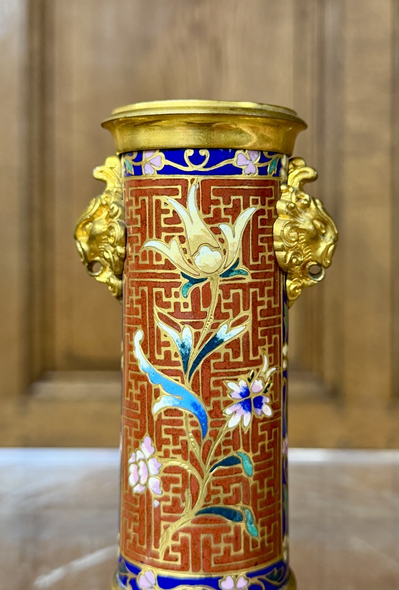 Pair Of Japanese-style Cloisonné Candlesticks Or Torches Attributed To Barbedienne. Napoleon III-photo-4