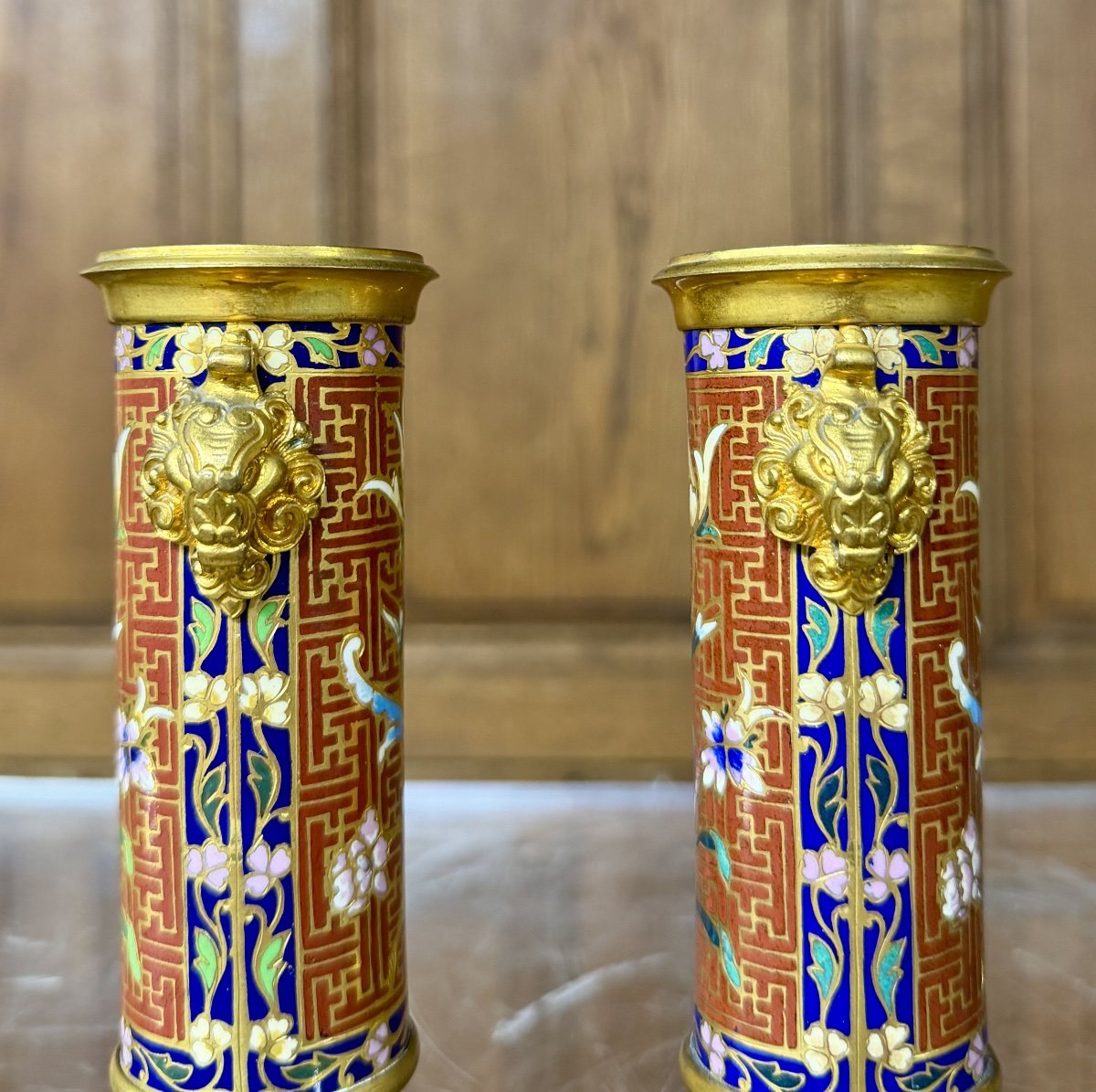 Pair Of Japanese-style Cloisonné Candlesticks Or Torches Attributed To Barbedienne. Napoleon III-photo-2