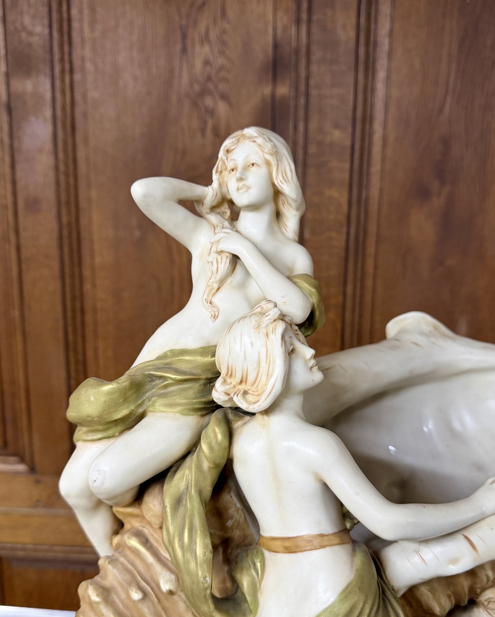 Royal Dux - Large Bowl With Two Women. Painted Porcelain, Art Nouveau Period-photo-7