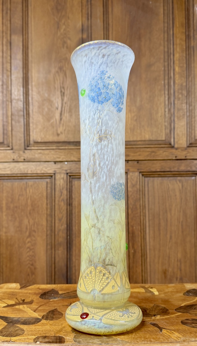 Daum Nancy - Important And Rare Vase With Hydrangeas And Cabochons. Art Nouveau Period-photo-2