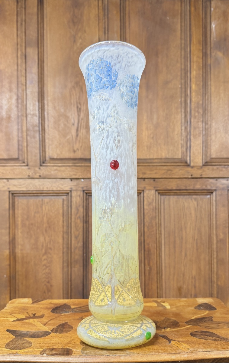 Daum Nancy - Important And Rare Vase With Hydrangeas And Cabochons. Art Nouveau Period-photo-3