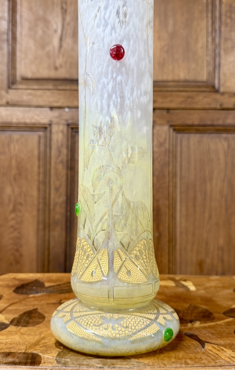 Daum Nancy - Important And Rare Vase With Hydrangeas And Cabochons. Art Nouveau Period-photo-1