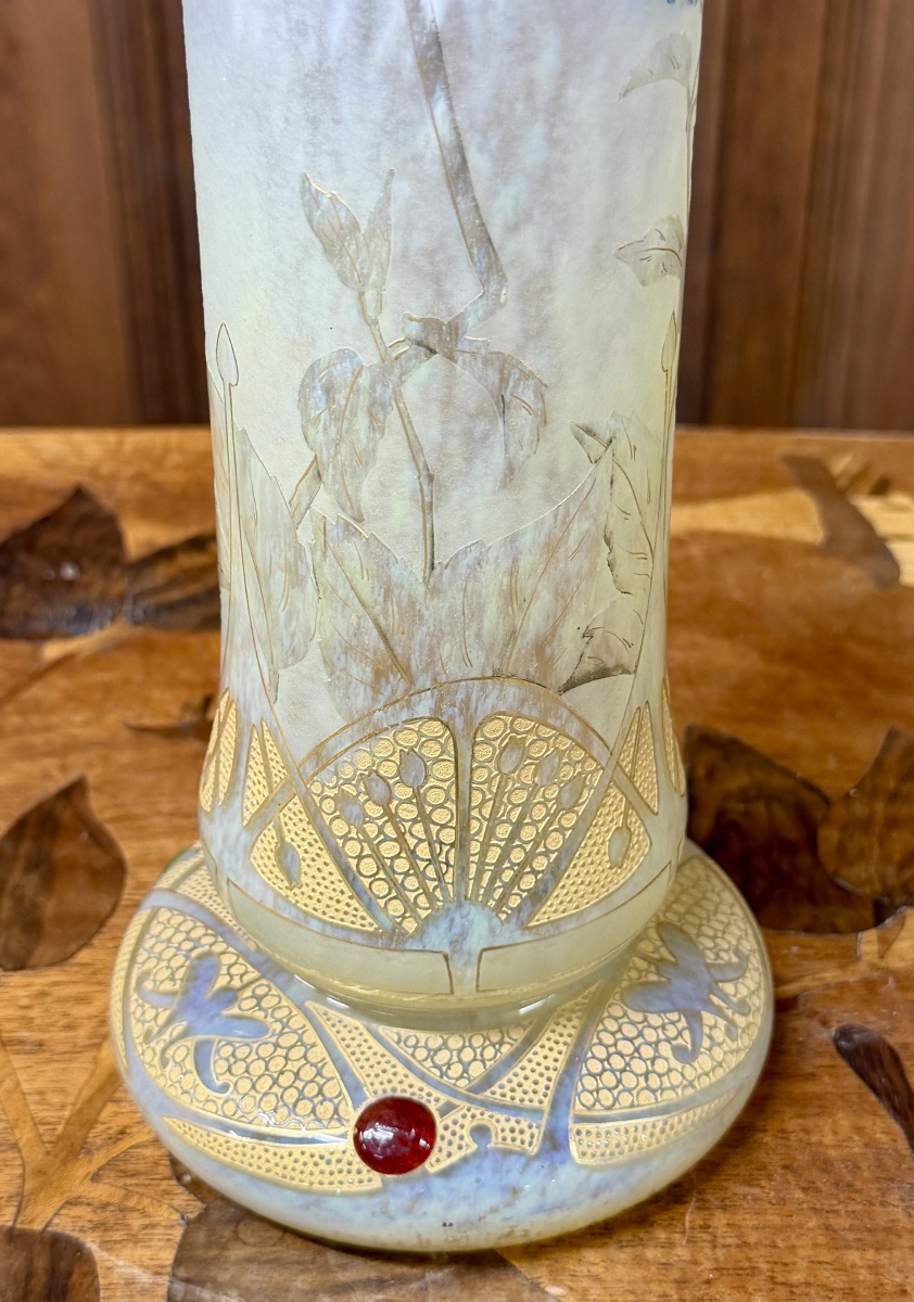 Daum Nancy - Important And Rare Vase With Hydrangeas And Cabochons. Art Nouveau Period-photo-3