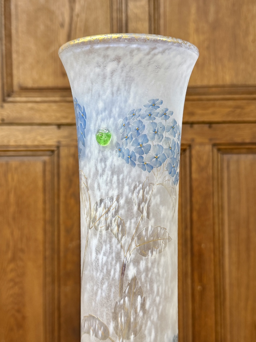 Daum Nancy - Important And Rare Vase With Hydrangeas And Cabochons. Art Nouveau Period-photo-4
