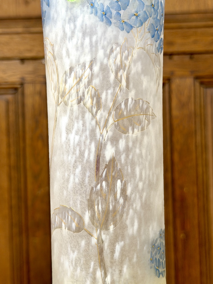 Daum Nancy - Important And Rare Vase With Hydrangeas And Cabochons. Art Nouveau Period-photo-5
