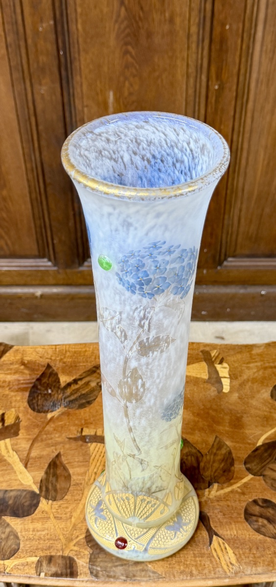 Daum Nancy - Important And Rare Vase With Hydrangeas And Cabochons. Art Nouveau Period-photo-6