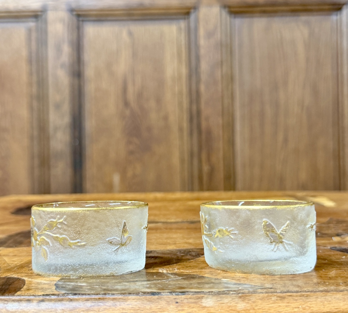 DAUM NANCY - PAIRE DE Petits SALERONS EN VERRE ÉMAILLÉ ET DORÉ. ÉPOQUE ART NOUVEAU-photo-2