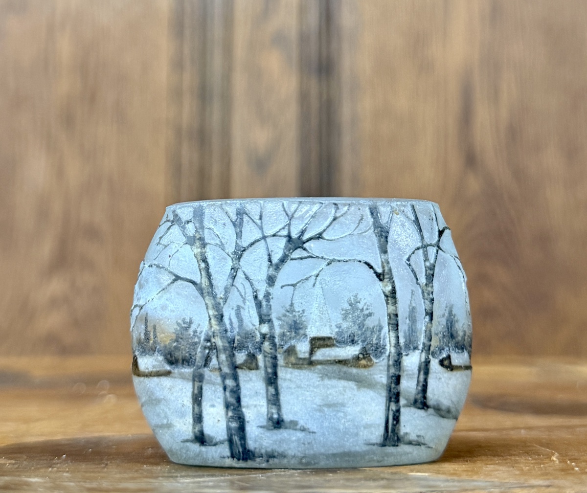 DAUM NANCY - VASE MINIATURE OVALE À DÉCOR DE PAYSAGE de village enneigé. ÉPOQUE ART NOUVEAU-photo-2