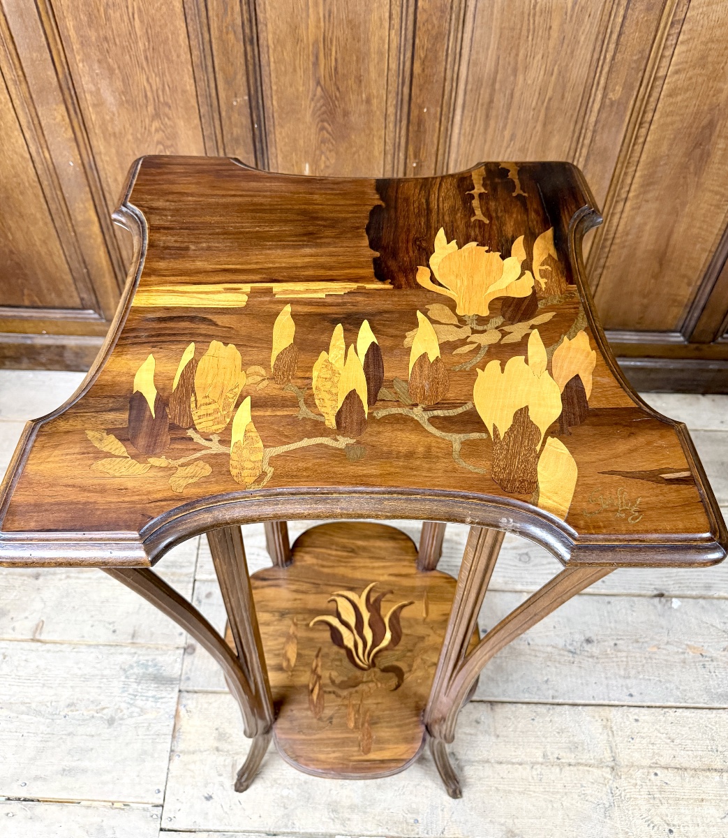 émile Gallé—important Marquetry Stool Featuring Magnolia Motifs. Art Nouveau Period-photo-2