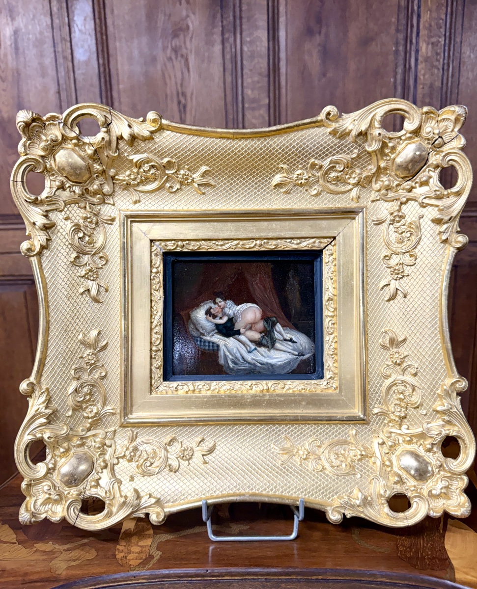 Tableau érotique du XIXème siècle, huile sur panneau encadré. Napoléon III-photo-2