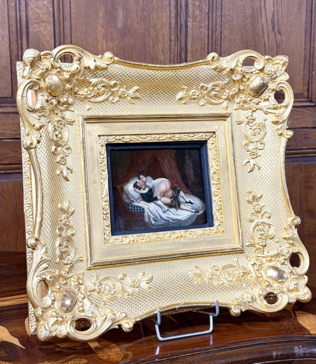 Tableau érotique du XIXème siècle, huile sur panneau encadré. Napoléon III-photo-3