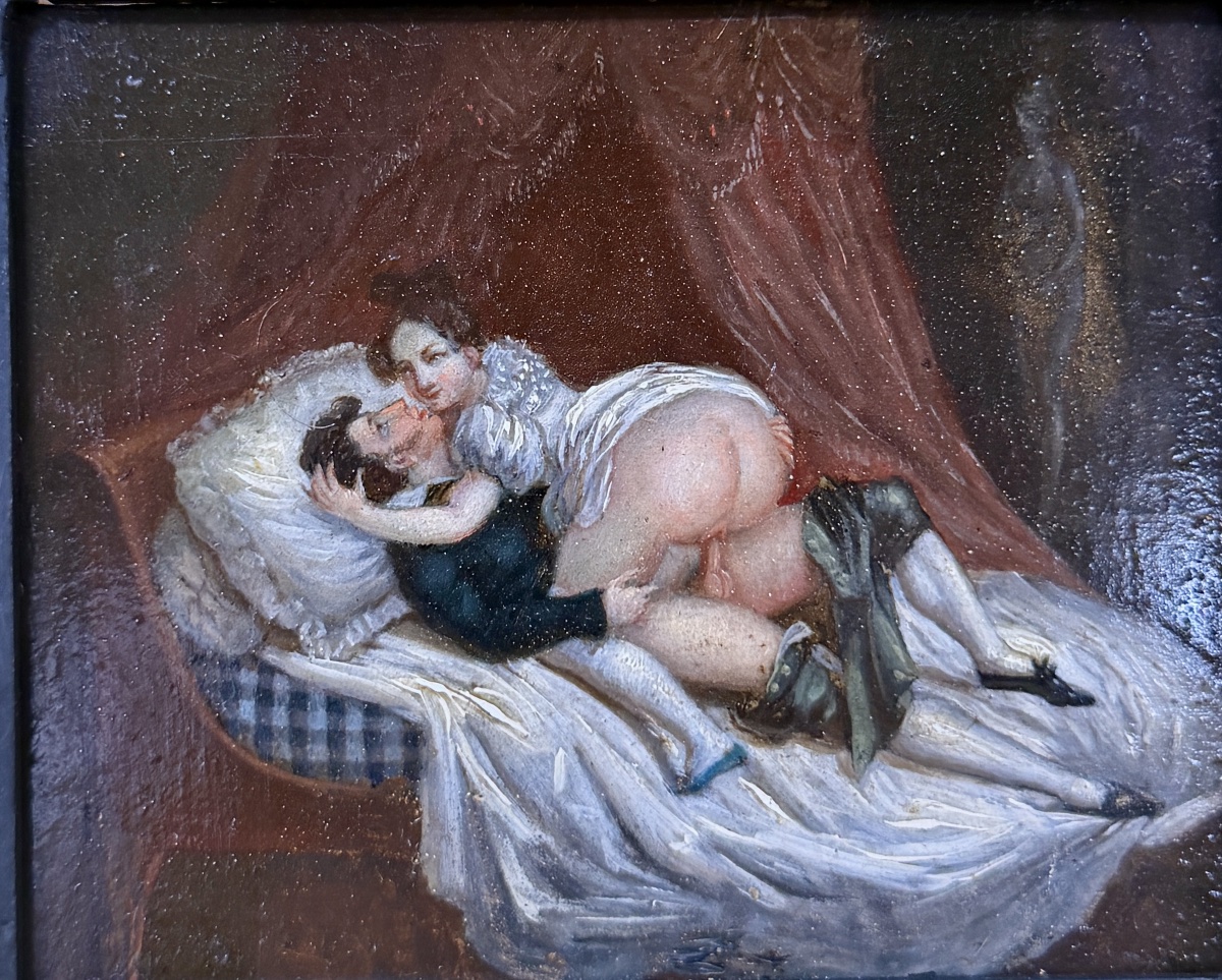 Tableau érotique du XIXème siècle, huile sur panneau encadré. Napoléon III-photo-3