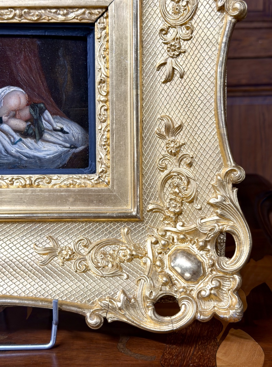 Tableau érotique du XIXème siècle, huile sur panneau encadré. Napoléon III-photo-5