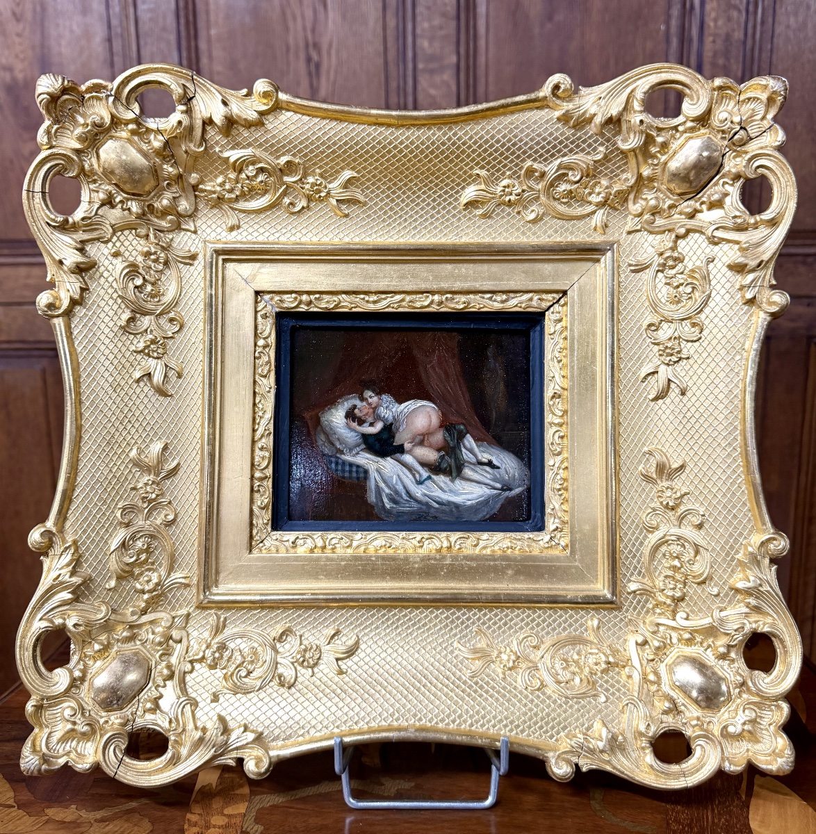 Tableau érotique du XIXème siècle, huile sur panneau encadré. Napoléon III