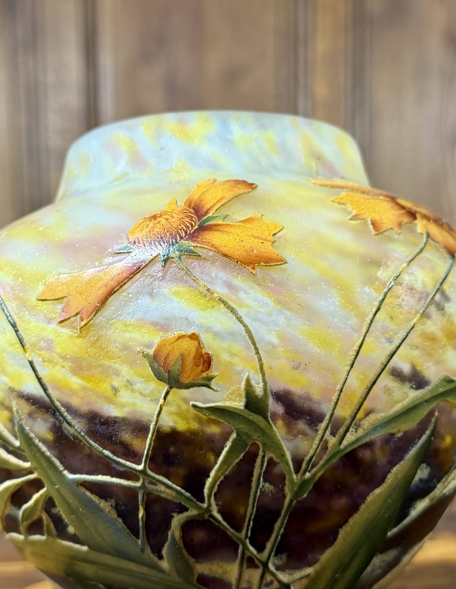 Daum Nancy - vase boule à décor d’Arnica en verre émaillé, époque Art Nouveau-photo-5