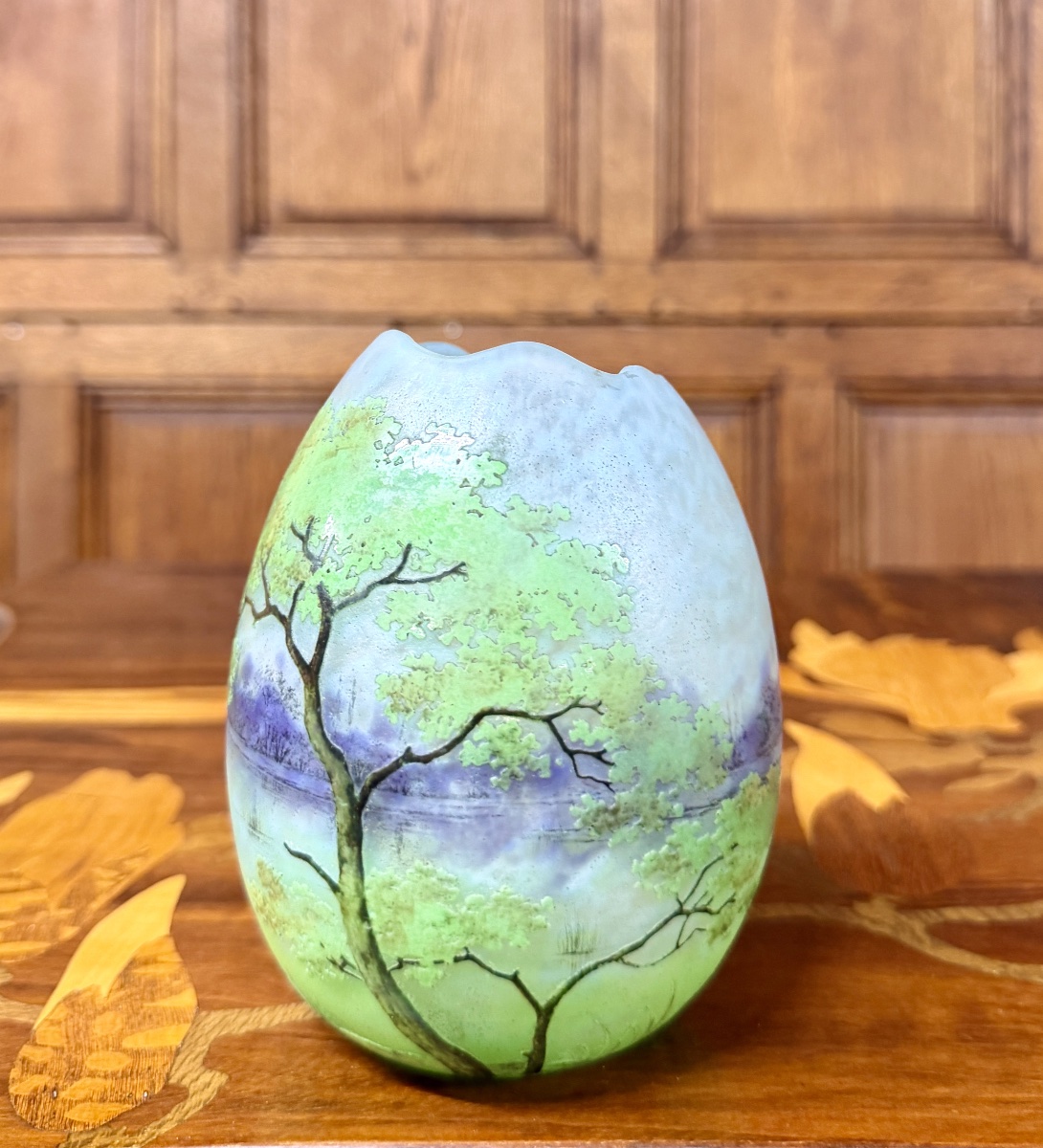 Daum Nancy—egg-shaped Vase With A Multi-lobed Neck Featuring A Landscape Design. Art Nouveau Period-photo-2