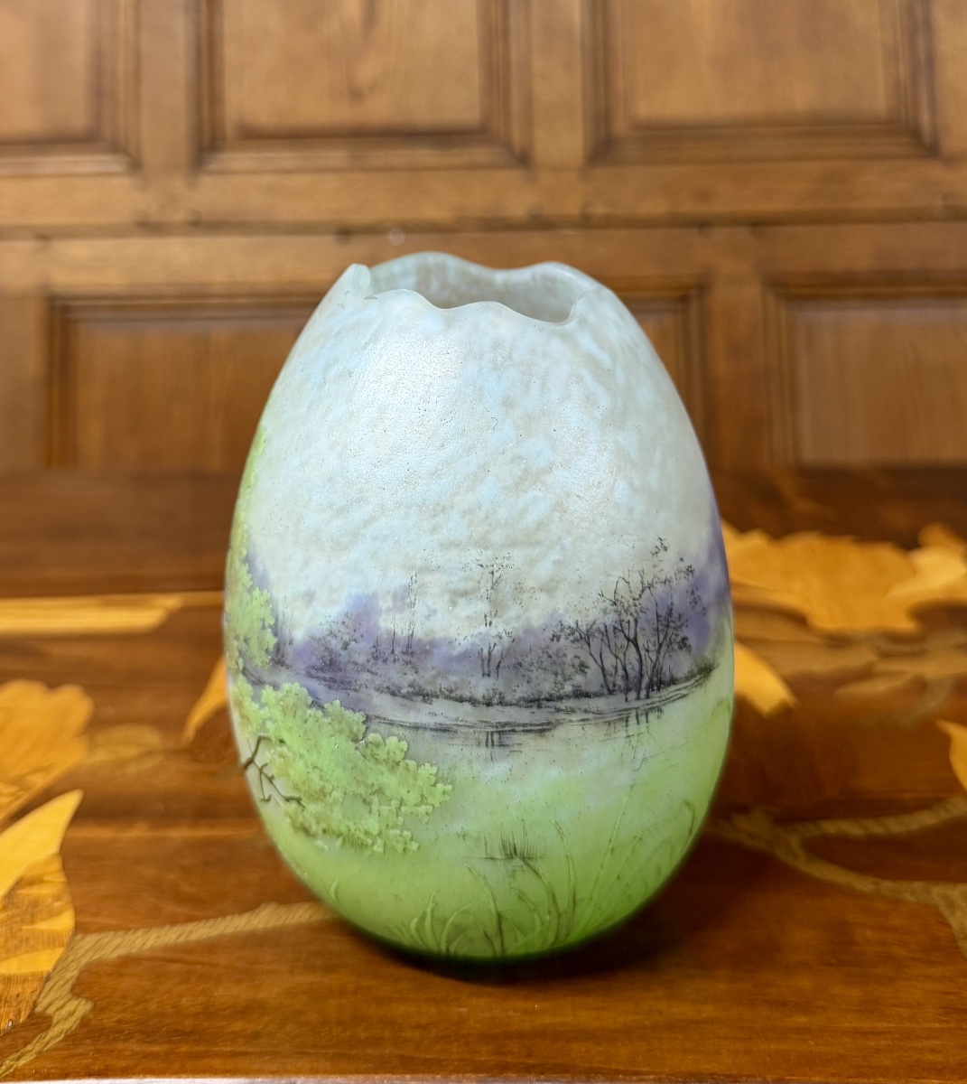 Daum Nancy—egg-shaped Vase With A Multi-lobed Neck Featuring A Landscape Design. Art Nouveau Period-photo-1