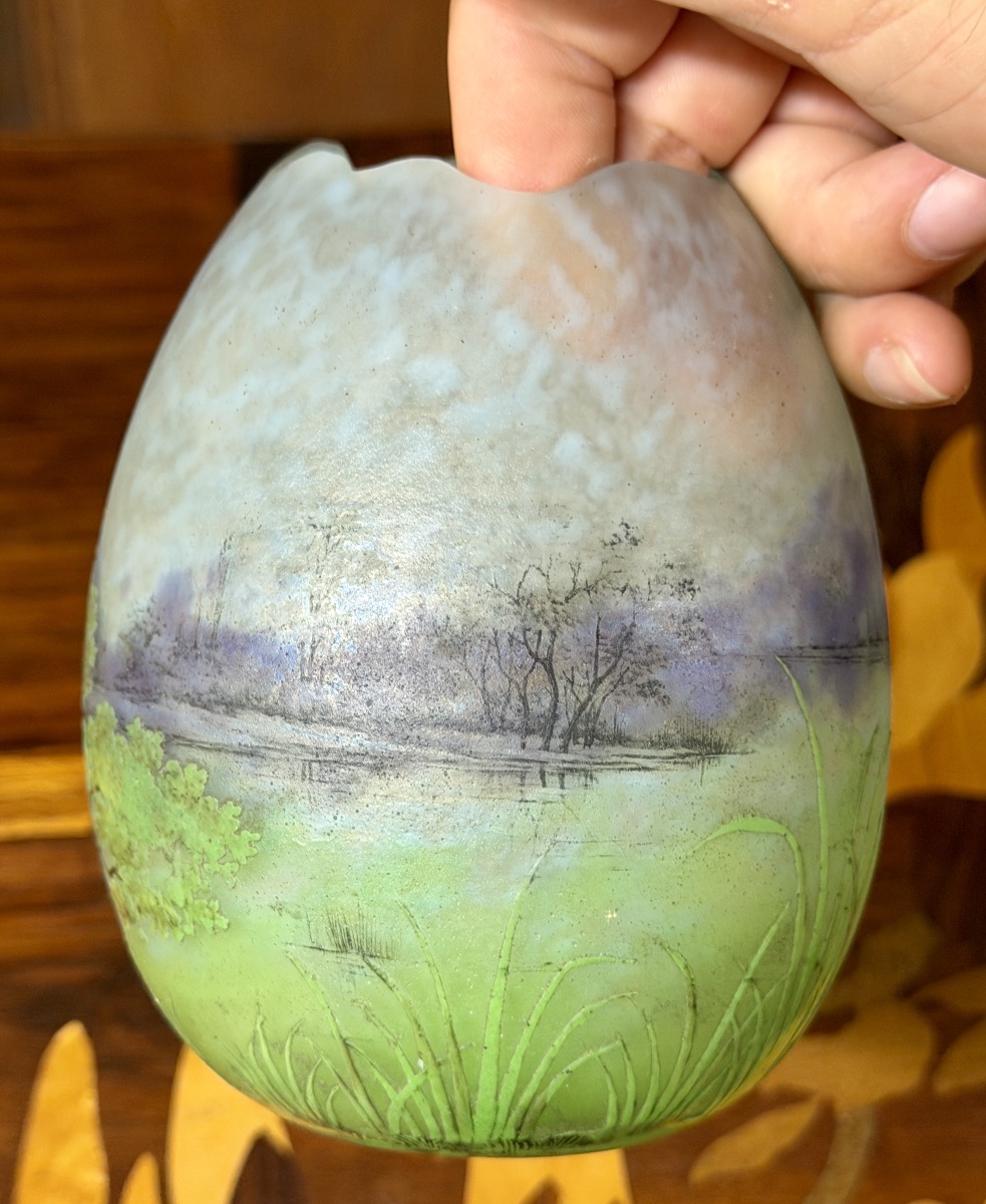 Daum Nancy—egg-shaped Vase With A Multi-lobed Neck Featuring A Landscape Design. Art Nouveau Period-photo-3