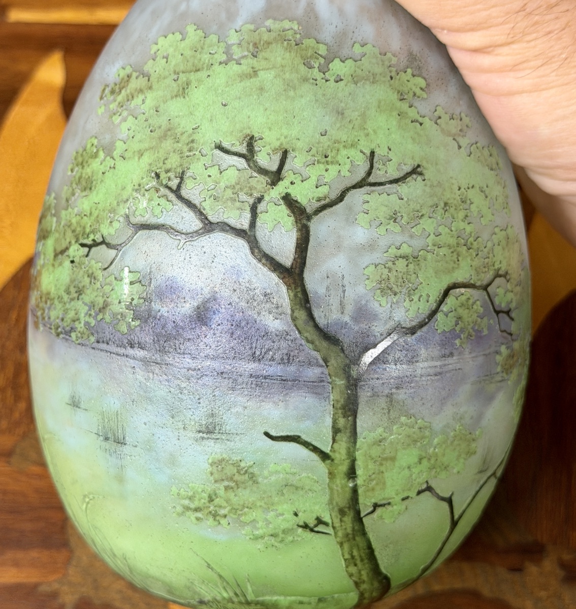 Daum Nancy—egg-shaped Vase With A Multi-lobed Neck Featuring A Landscape Design. Art Nouveau Period-photo-7