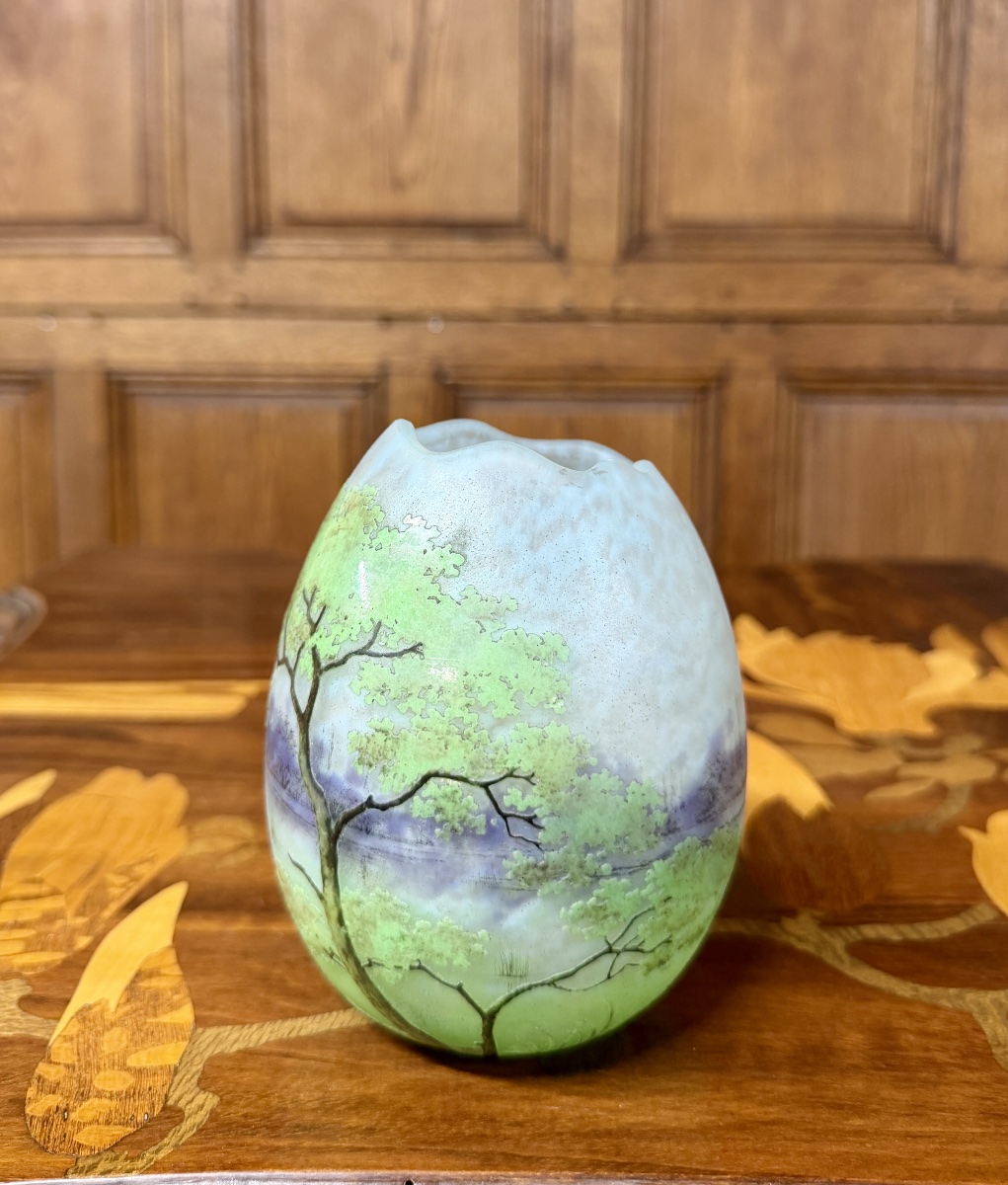 Daum Nancy—egg-shaped Vase With A Multi-lobed Neck Featuring A Landscape Design. Art Nouveau Period