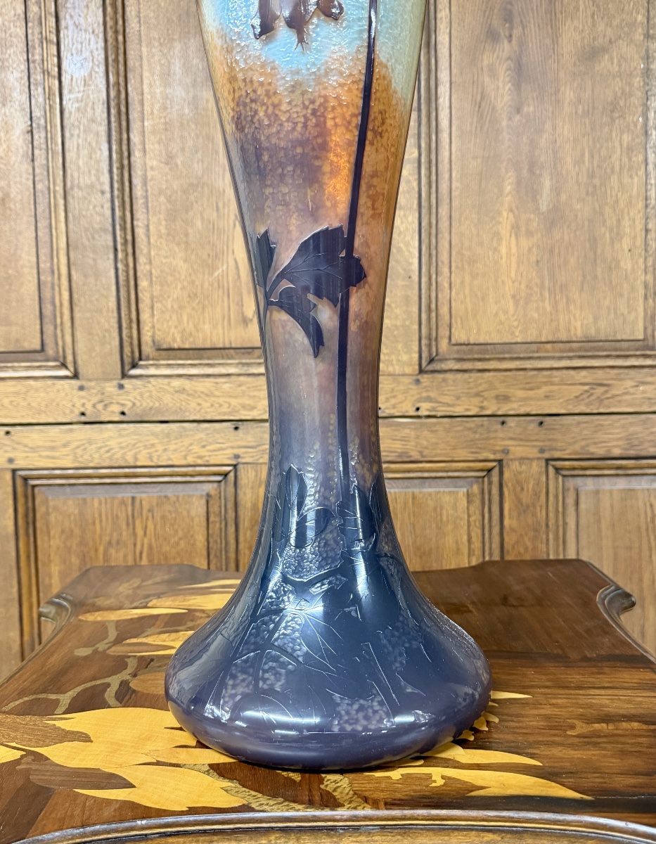 Daum Nancy - Monumental Hammered Vase With Fuchsias. Art Nouveau Period-photo-3