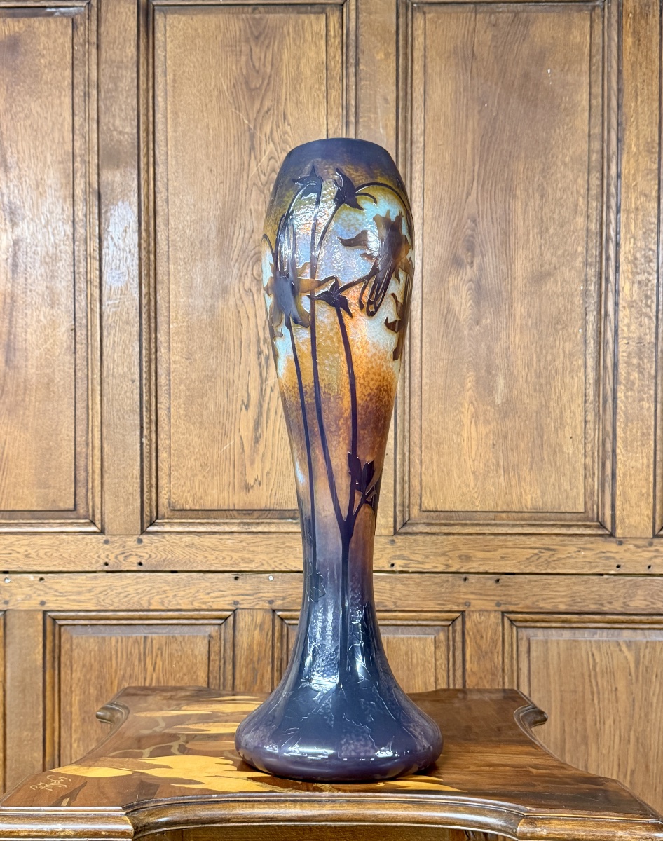 Daum Nancy - Monumental Hammered Vase With Fuchsias. Art Nouveau Period-photo-5