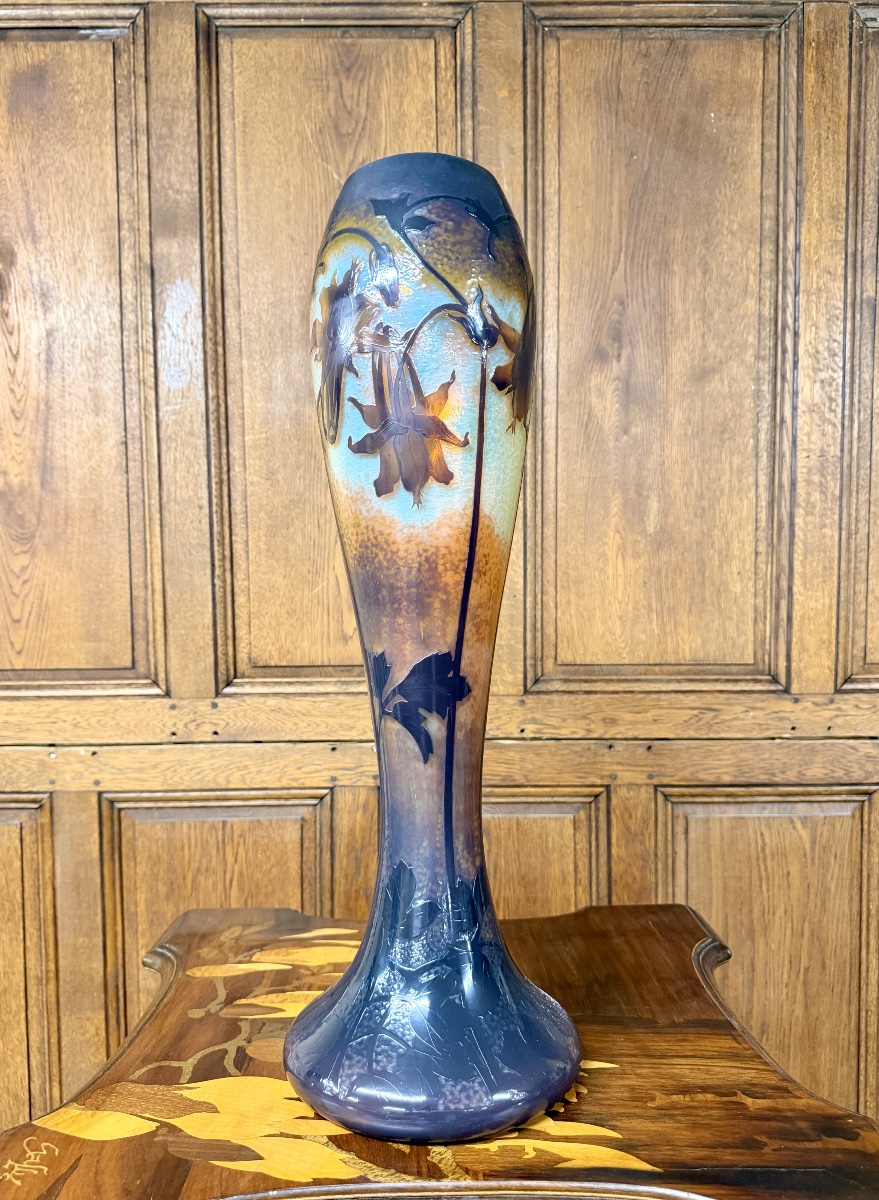 Daum Nancy - Monumental Hammered Vase With Fuchsias. Art Nouveau Period